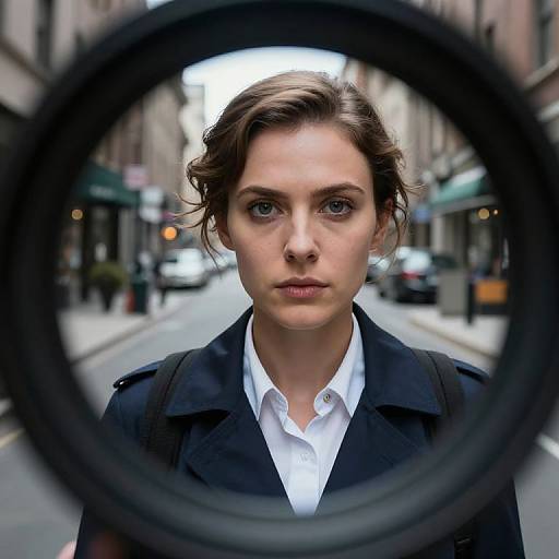 Photograph of a serious, blue-eyed woman with short brown hair, wearing a black coat and white shirt, seen through a bike wheel, in a