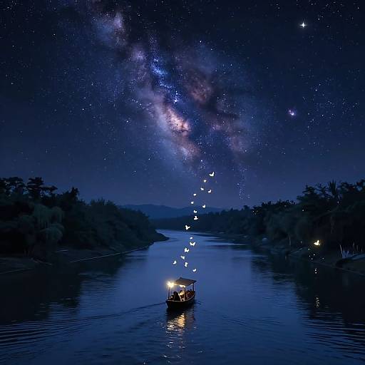 Photograph of a small boat with lights on a calm river at night, under a star-filled sky with the Milky Way.
