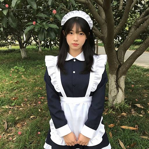 Photograph of an Asian woman with black hair, wearing a black and white maid outfit, standing in a grassy area with trees and pink flowers in