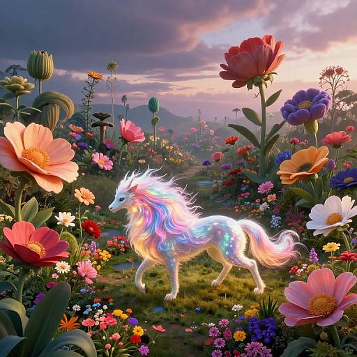 Digital fantasy artwork: Ethereal, glowing unicorn with rainbow mane walks through vibrant, colorful flower garden at sunset, mountains in background.