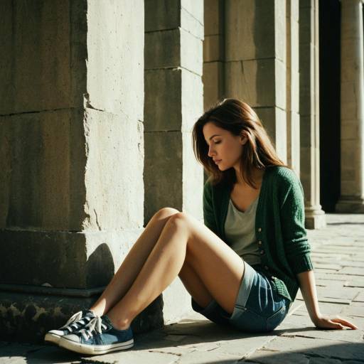Young Woman Sitting by Stone Pillar