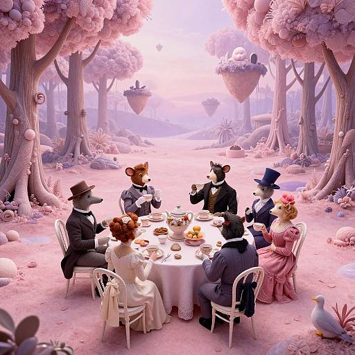 Anthropomorphic animals in Victorian attire dine at a pink-tinged forest table, surrounded by floating planters and pastel trees, in a whims