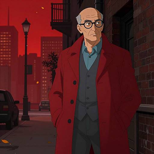 Older Man in Red Coat in Urban Alley