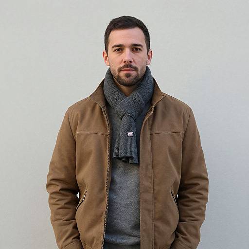 Photograph of a bearded man with dark hair, wearing a brown leather jacket, gray sweater, and gray scarf, standing against a plain white background
