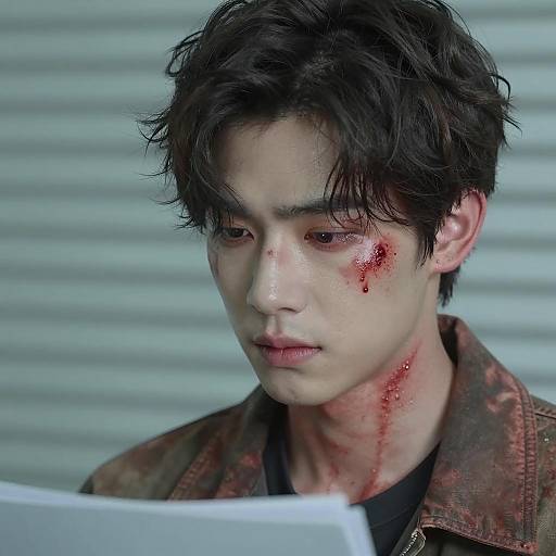 Young Man with Facial Injuries and Brown Jacket