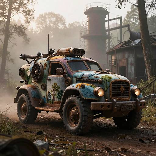 Steampunk Armored Car in Misty Forest