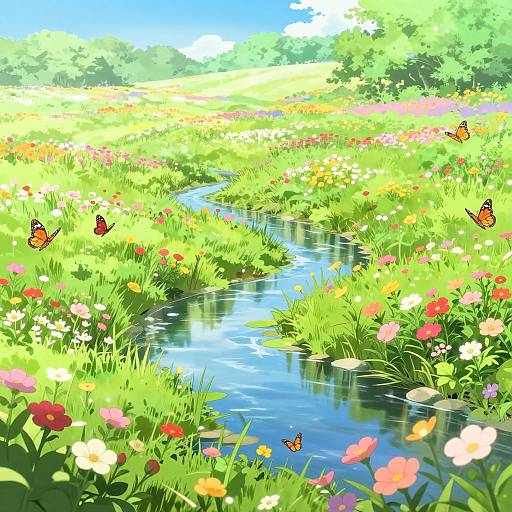 Bright Anime Flower Field Landscape