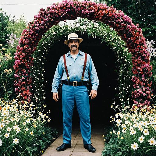 Photograph of a mustached man in light blue shirt and blue pants, wearing a straw hat and suspenders, standing under a vibrant flower archway