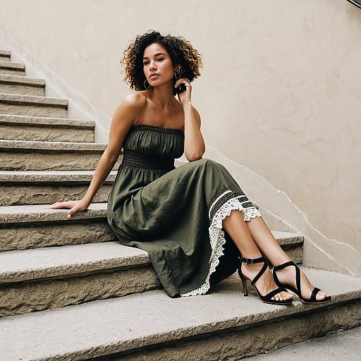 Woman in Olive Green Strapless Dress on Stone Steps