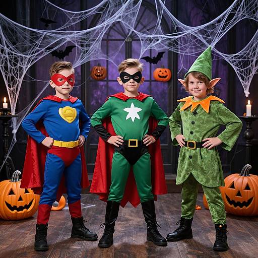 Three children in colorful superhero costumes, standing confidently in front of Halloween decorations, including spiders and carved pumpkins. Photograph.