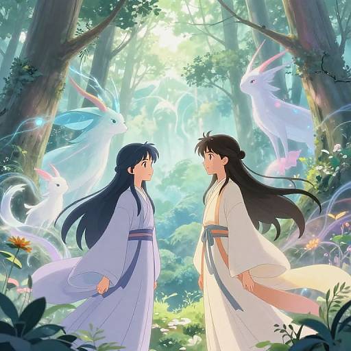 Anime-style digital drawing of two girls in white kimono facing each other in a sunlit forest, surrounded by ethereal, glowing blue and white creatures