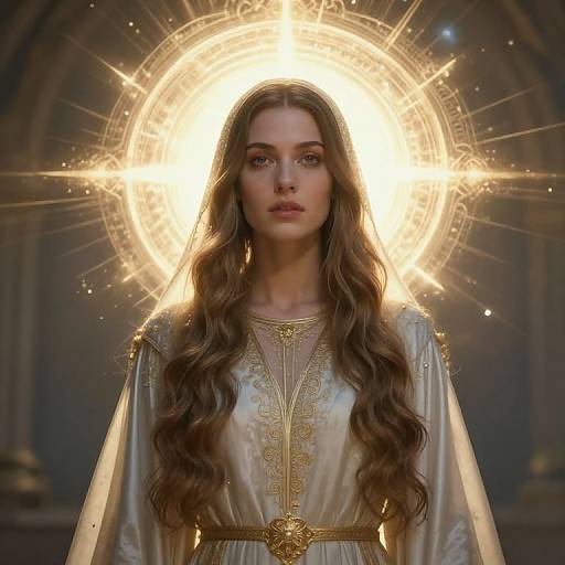 Digital artwork of a serene, long-haired woman with a glowing halo, wearing an elegant, gold-embroidered white robe, set against a dark
