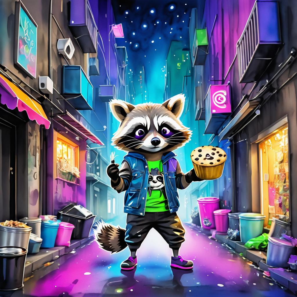 Mischievous Raccoon in a Neon Alley