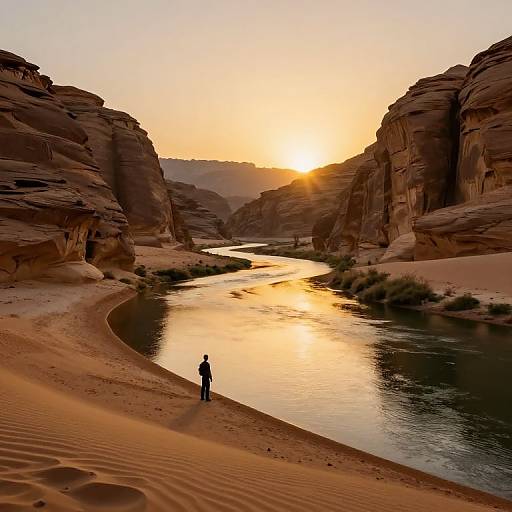 Photograph of a lone figure standing on a sandy riverbank at sunset, surrounded by towering, sunlit red rock canyon walls.