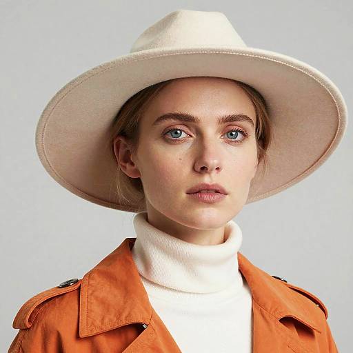 Photograph of a fair-skinned woman with blue eyes, wearing a white wide-brimmed hat, orange military-style jacket, and white turt
