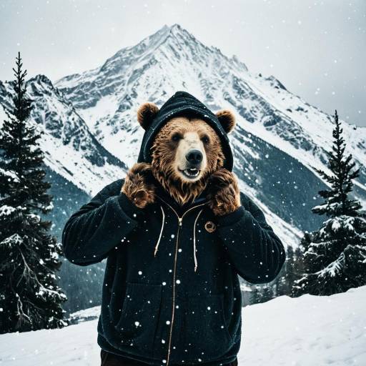 Bear Wearing Hood in Snowy Mountain Landscape
