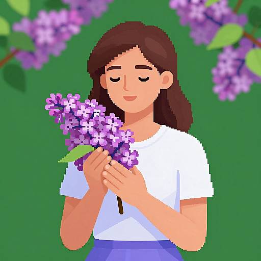 Pixel art of a smiling woman with brown hair, wearing a white shirt and blue skirt, holding purple lilacs, against a green background with more lil