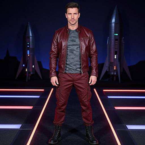 Photograph of a handsome, muscular man with short brown hair, wearing a maroon leather jacket, gray shirt, and maroon pants, standing on