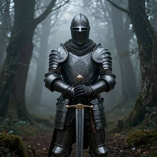 Photograph of a medieval knight in full black steel armor with a helmet, standing in a foggy forest, holding a sword.