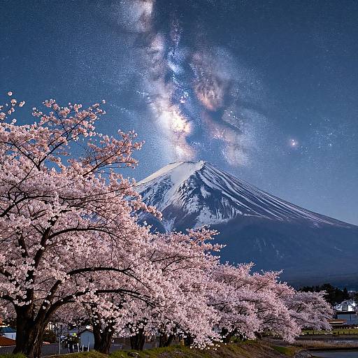 Photograph of a snowy Mount Fuji under a vivid Milky Way, with pink cherry blossom trees in the foreground. Bright stars and galaxies contrast with the blue