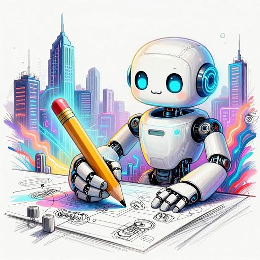 Digital illustration of a cute, blue-eyed, white robot drawing with a large orange pencil against a vibrant, neon-lit cityscape background.