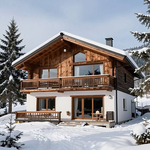 Photograph of a rustic wooden chalet with white lower walls, snow-covered roof, and balconies, surrounded by snow-covered pine trees.