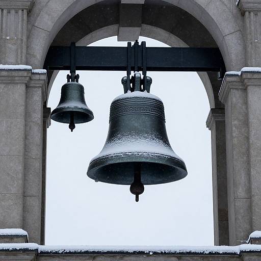 Photograph of two large, snow-dusted bronze bells hanging in an archway of a stone building with a white, overcast sky background.