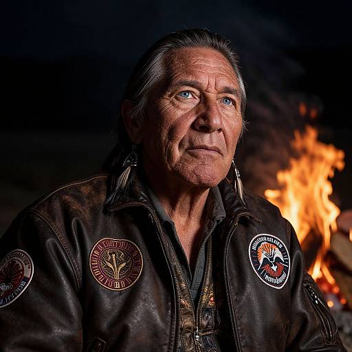 Photograph of a middle-aged man with gray hair, wearing a black leather jacket with patches, standing in front of a bright fire, looking upwards with