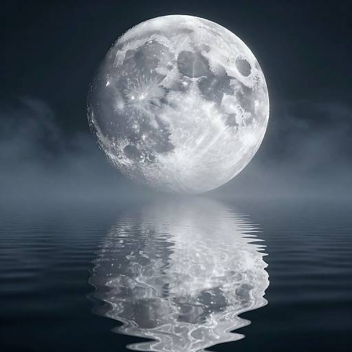 Photograph of a bright, detailed full moon with reflective ripples in a calm, dark blue ocean, creating a mirrored effect.