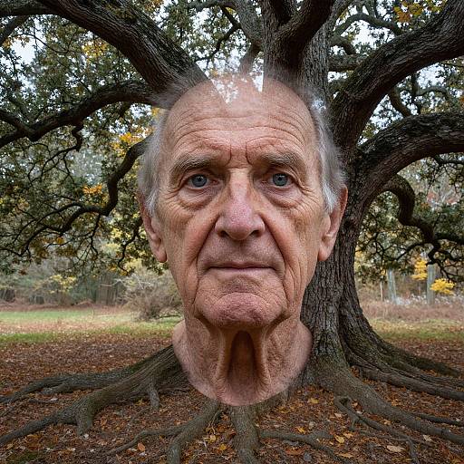 Photograph of an elderly man's face superimposed on a large tree in a forest, with autumn leaves and a brown, leaf-covered ground.