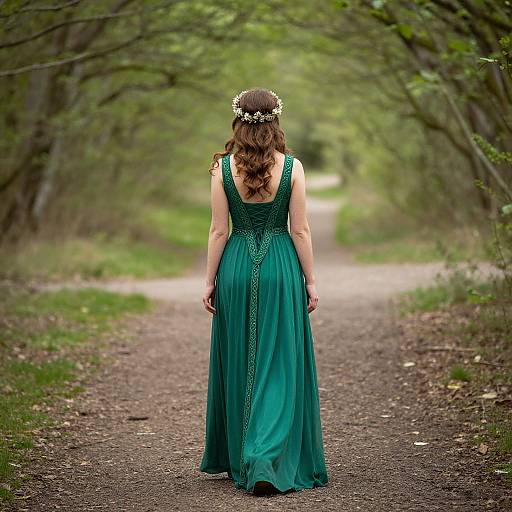Photograph of a woman with wavy brown hair, wearing a green, sleeveless, flowing dress and floral crown, walking down a forest path.