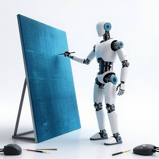 Photograph of a white, blue-accented humanoid robot standing beside a blue textured easel, pointing at it with a paintbrush and mouse scattered