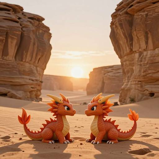 CGI image of two cute, red-orange dragonlings with yellow underbellies, sitting in a desert with towering rock formations and a glowing sunset in