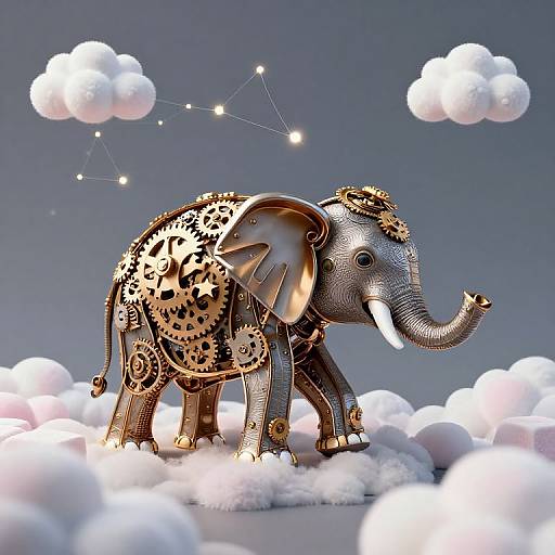Digital artwork of a metallic elephant with clockwork patterns, gold accents, and a constellation on a cloudy blue sky.