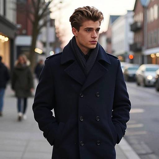 Photograph of a handsome young man with light brown hair, wearing a black double-breasted coat, standing on a city street with blurred pedestrians and buildings