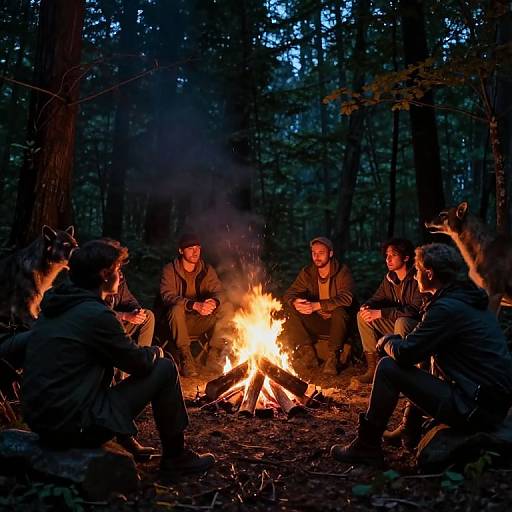 Photograph of six people sitting around a glowing campfire in a dark forest at night, wearing hooded jackets, hands raised to warmth.