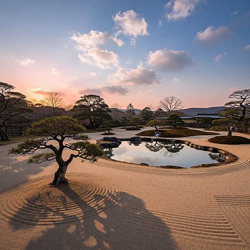 Photograph of a serene Japanese garden at sunset, featuring a reflective pond, raked sand, shadowed tree, and colorful sky.