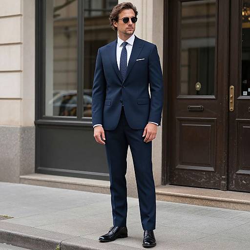 Photograph of a handsome man in a dark navy suit, white shirt, blue tie, black shoes, and sunglasses standing on a city sidewalk in front