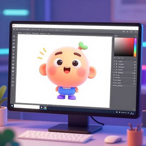Photograph of a modern, black computer monitor displaying a digital illustration of a cute, chubby, smiling baby with peach skin and blue pants on a white