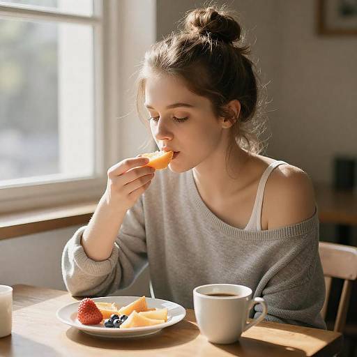 Sunlit Breakfast: Woman Eating Orange Dish