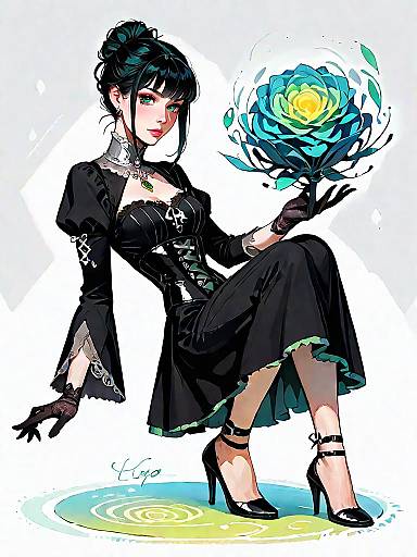 Gothic Woman in Corset Dress Holding Glowing Flower