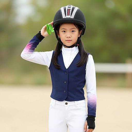 Photograph of an Asian girl in equestrian attire, white shirt, navy vest, white pants, black helmet, adjusting it, outdoors, blurred