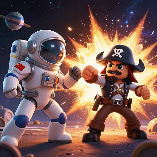 CGI image of a cartoon astronaut and pirate dueling with explosive energy blasts in a starry space background. The astronaut wears a white suit, while