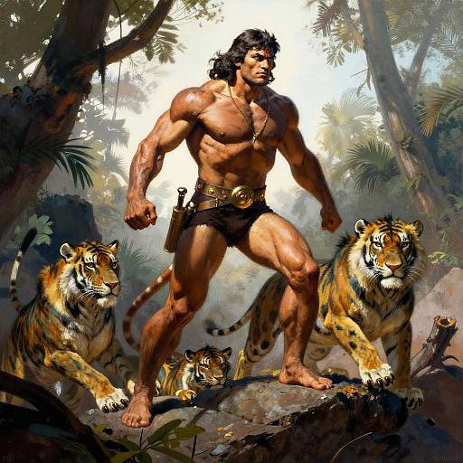 Digital illustration of a muscular, shirtless man with long black hair, wearing black shorts, standing confidently in a jungle with two tigers and a cub