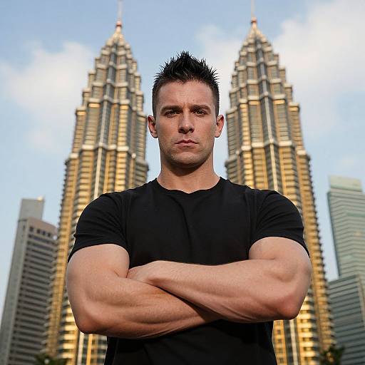 Photograph of muscular, fair-skinned man with short black spiky hair, black t-shirt, crossed arms, standing in front of twin golden skys