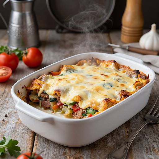 Photograph of a white ceramic baking dish filled with cheesy, baked vegetable casserole, with steam rising, on a rustic wooden table.