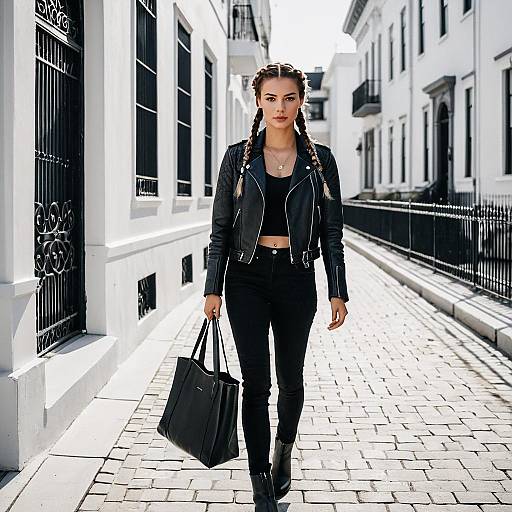 Street Style Woman in Leather Jacket with Tote Bag