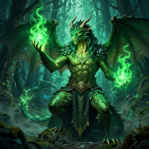 Digital fantasy artwork of a muscular, green-scaled dragon warrior with glowing green fire in each hand, kneeling in a mystical, dark forest. Detailed armor