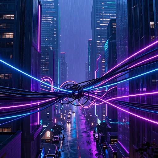 Neon-lit, rain-soaked futuristic city street at night, with vibrant purple and blue neon lights, tangled cables, and towering skyscrapers