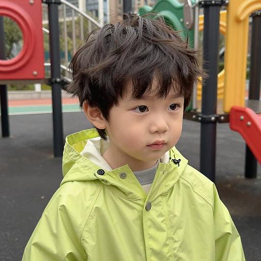 Photograph of a young Asian boy with messy black hair, wearing a bright yellow rain jacket, standing in a colorful playground.
